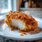 A close-up of a juicy, white chicken breast showing its crispy cheddar coating after being cut open.