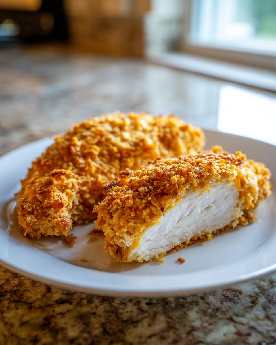 Close-up of a sliced crispy cheddar chicken breast showing the juicy white meat inside the crunchy coating.