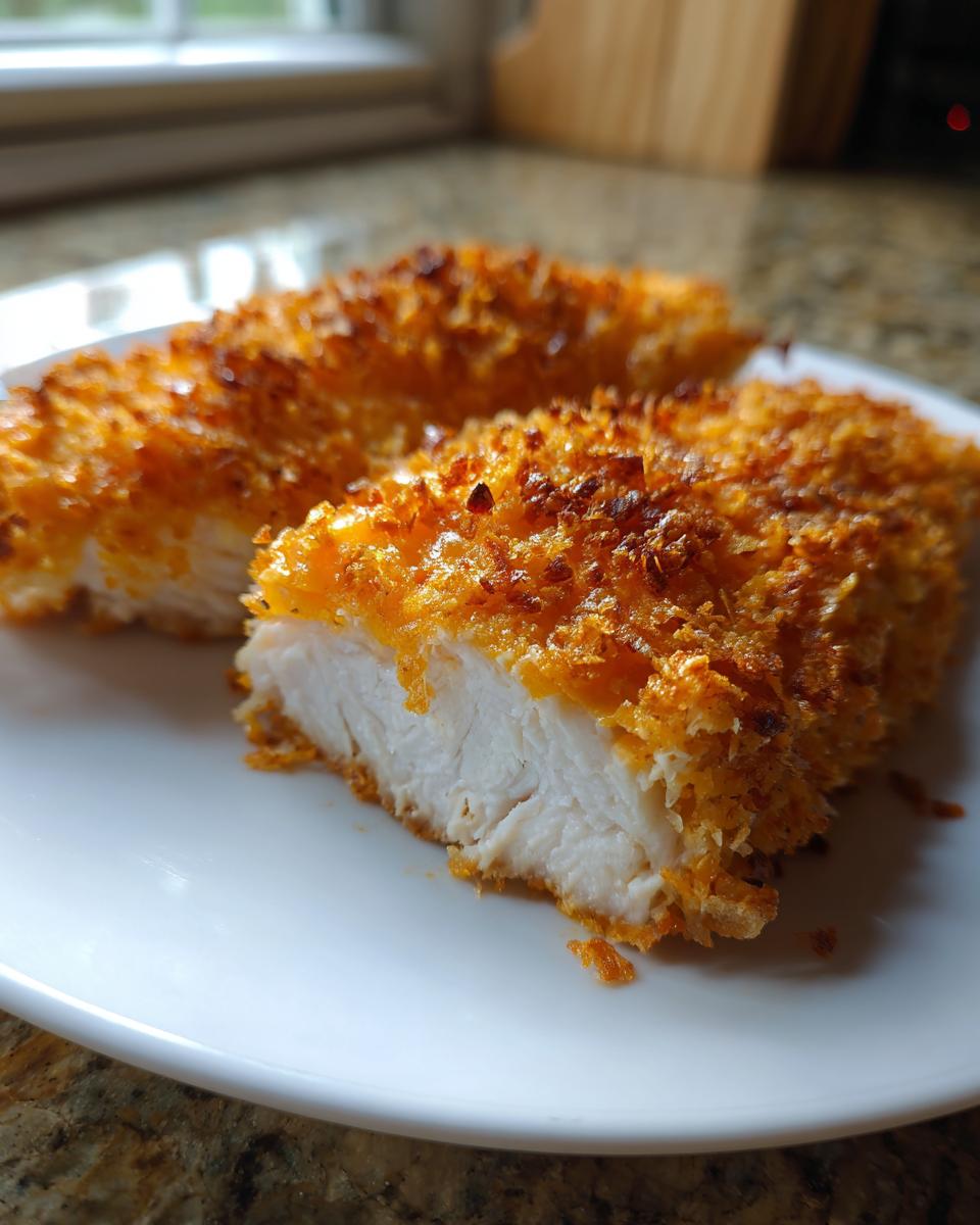 Cross-section view showing the juicy white meat inside a piece of crispy cheddar chicken.