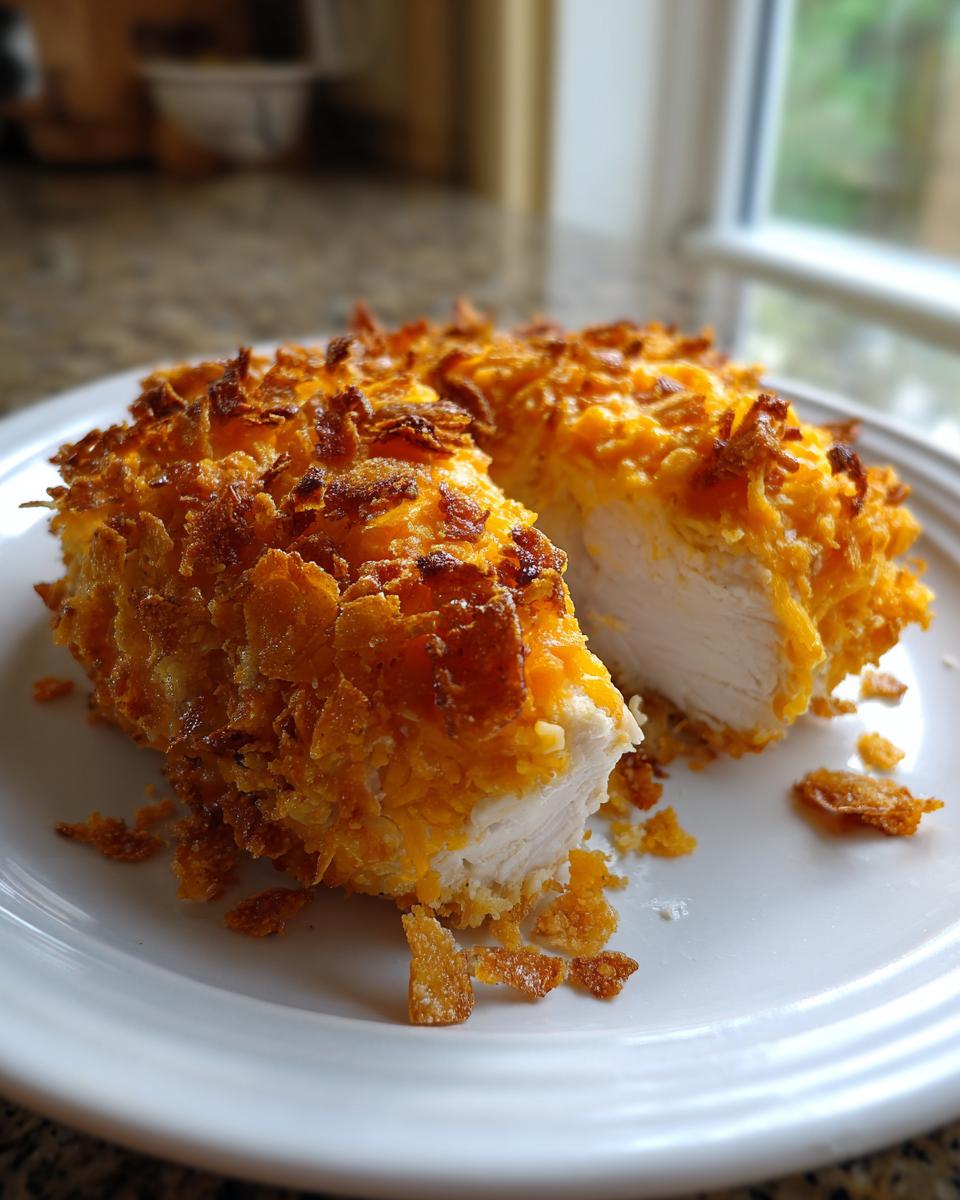 A juicy, cooked chicken breast coated in a thick, crispy cheddar crust, sliced in half to show the white meat of the crispy cheddar chicken.