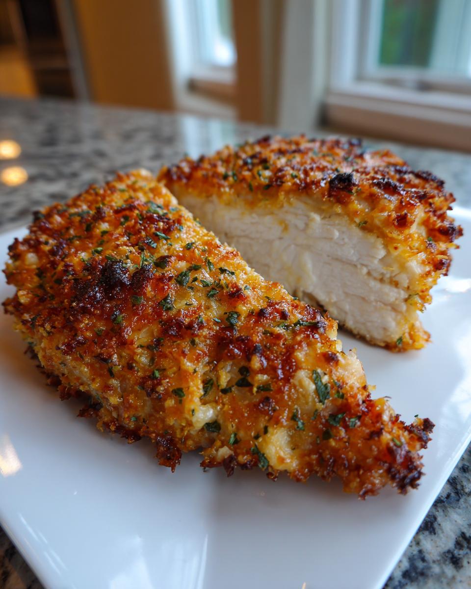 Two pieces of perfectly cooked crispy cheddar chicken on a white plate, showing the juicy white interior.