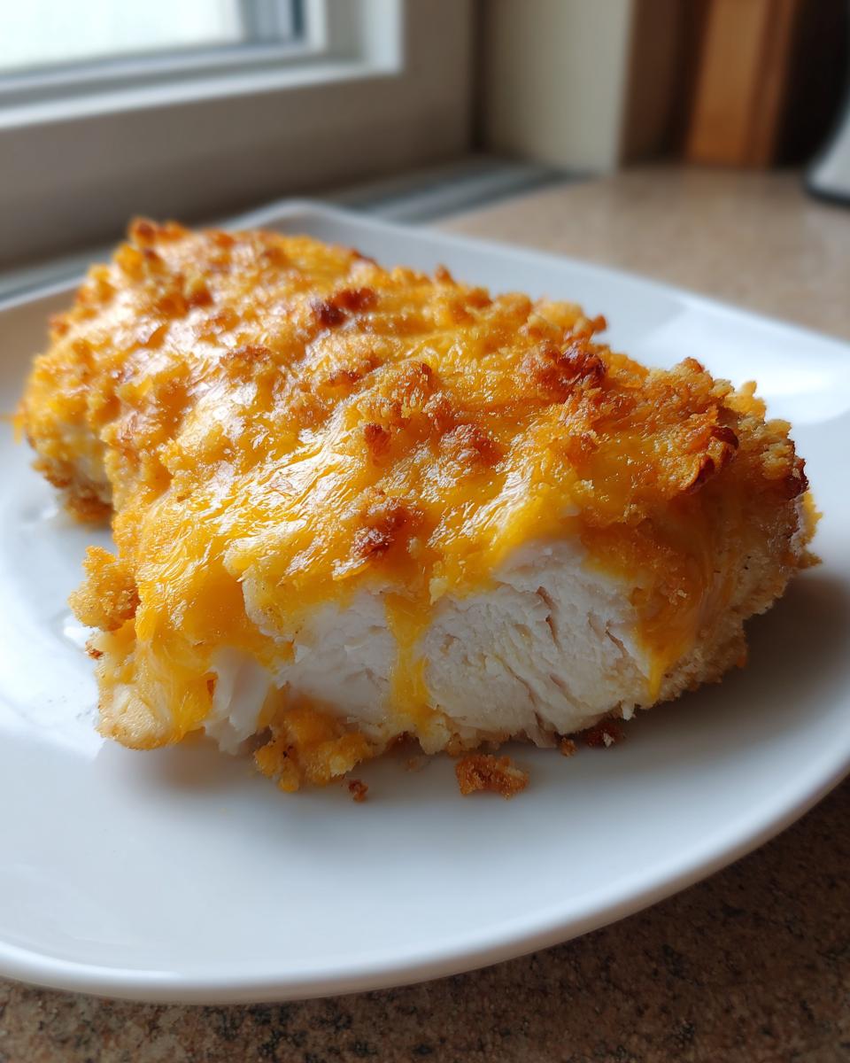 A piece of juicy white chicken breast topped with melted, golden crispy cheddar cheese, ready to eat.