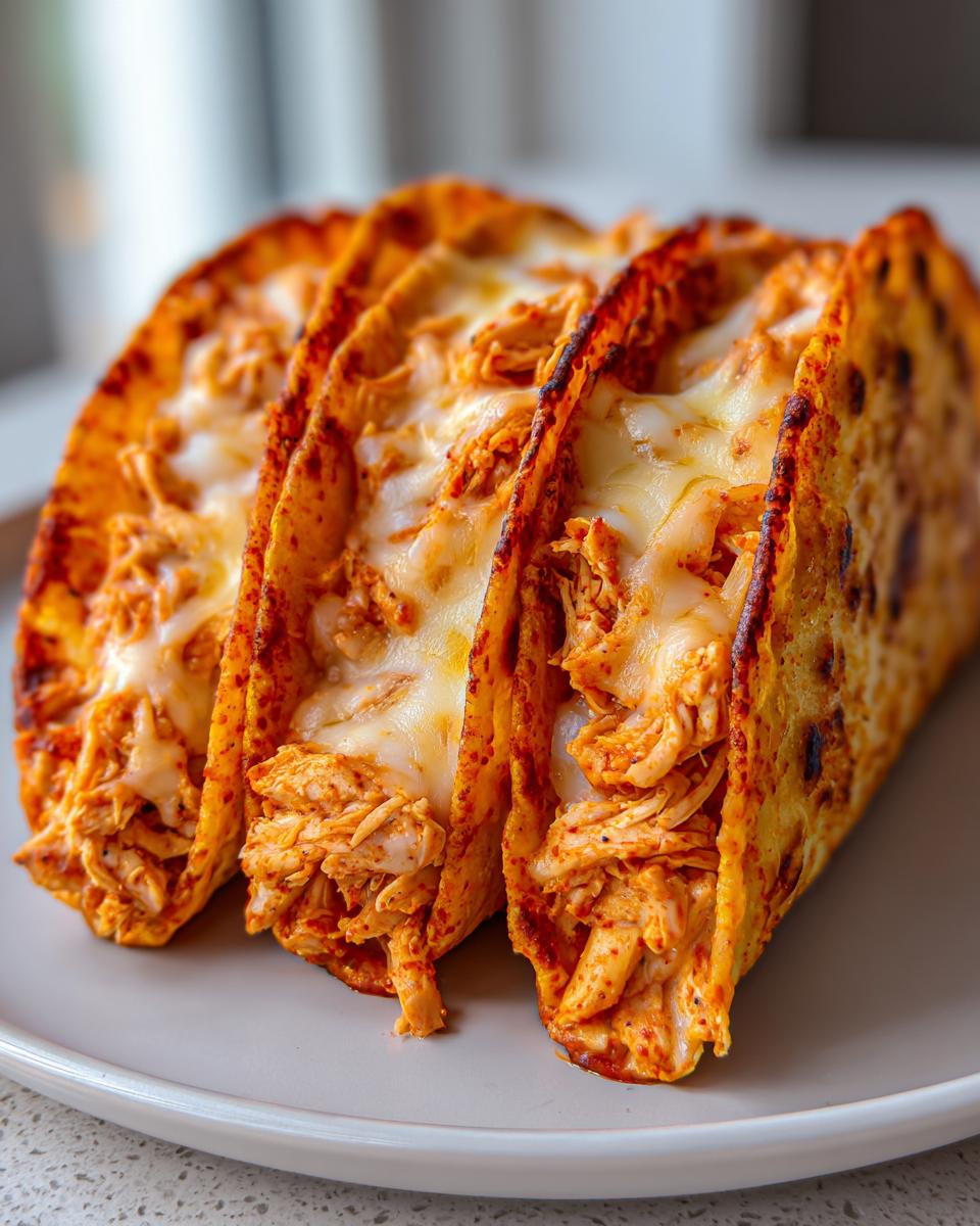Three crispy, orange-hued chicken tacos filled with shredded chicken and topped with melted white cheese.