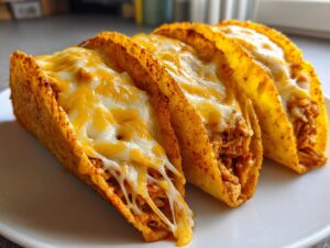 Three crispy, crunchy tacos filled with shredded chicken and topped with melted cheddar and Monterey Jack cheese, ready to eat chicken tacos.
