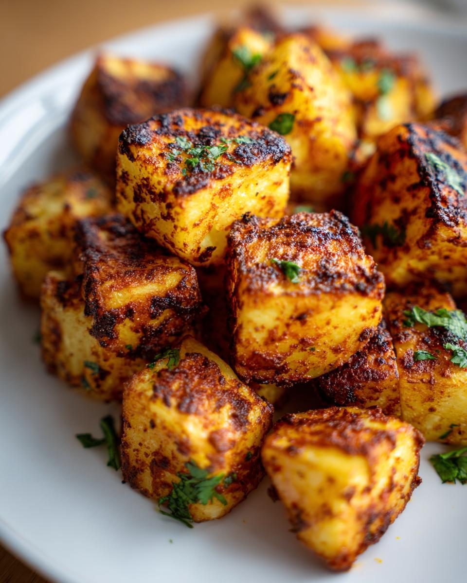 Close-up of perfectly roasted, cubed Mexican potatoes seasoned with spices and garnished with cilantro.