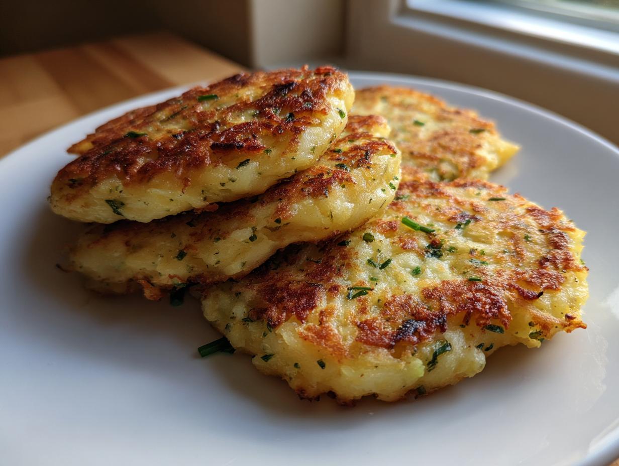 Four golden brown, crispy mashed potato cakes seasoned with chives stacked on a white plate.