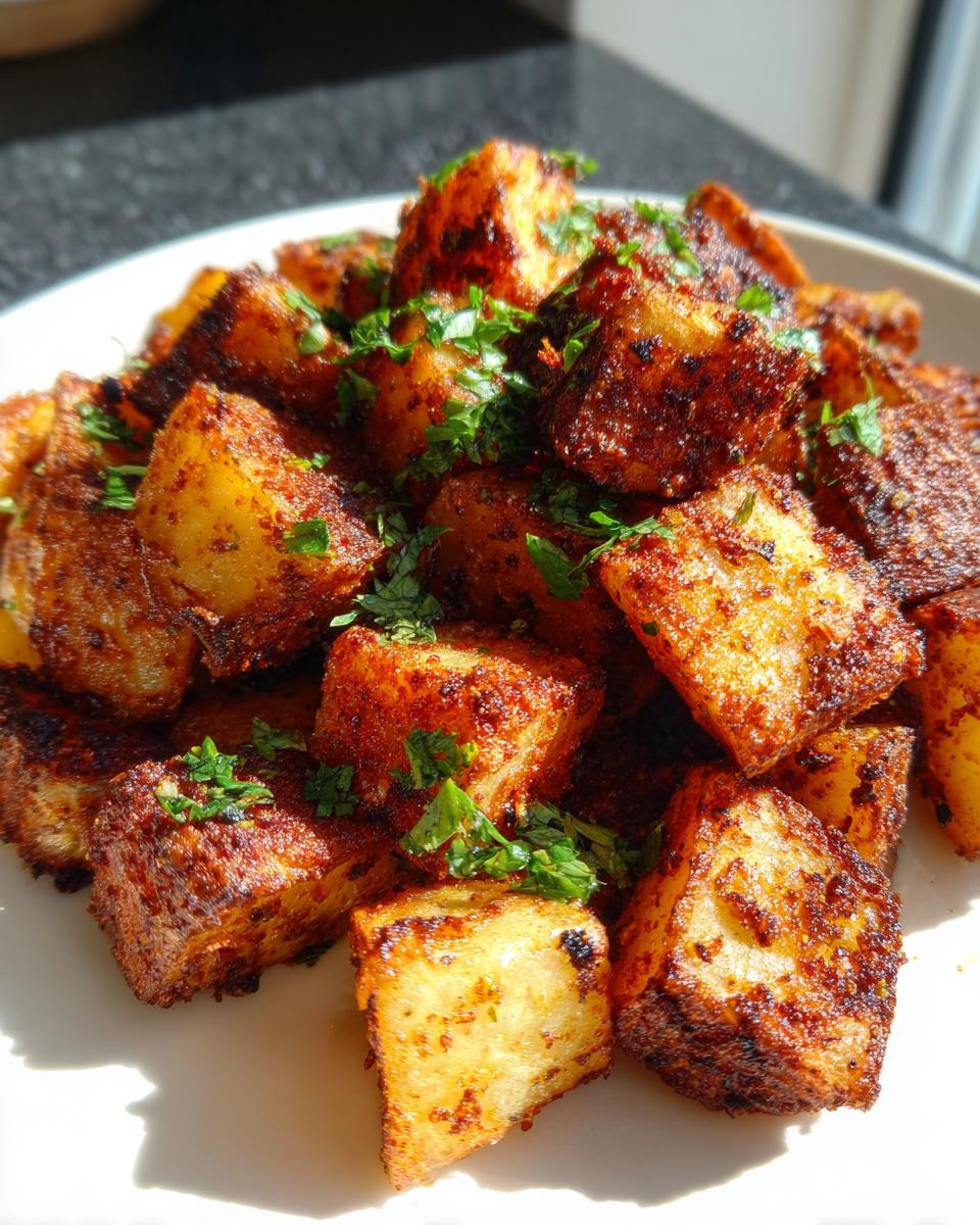 Close-up of perfectly seasoned and crispy Mexican potatoes, garnished with fresh chopped cilantro.