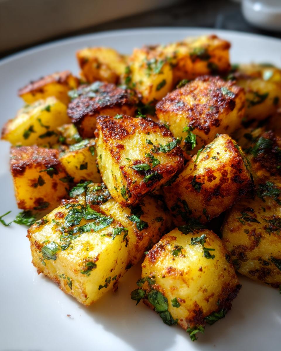 Close-up of perfectly roasted, golden brown Mexican potatoes garnished with fresh green cilantro.