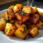 Close-up of perfectly seasoned and crispy Mexican potatoes, garnished with fresh parsley, piled on a white plate.