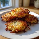 A stack of four golden-brown, crispy Potato latkes with shredded edges piled on a white plate.