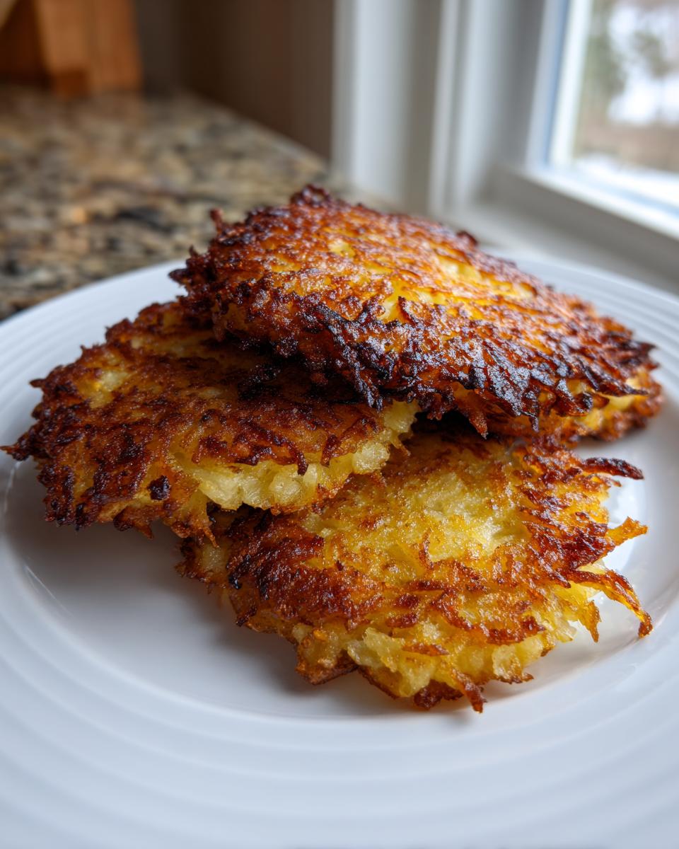 Close-up of three perfectly crispy, golden-brown potato latkes stacked on a white plate.