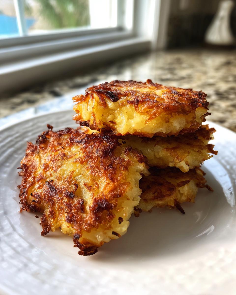 A stack of four golden brown, crispy Potato latkes piled on a white plate, showing shredded potato texture.