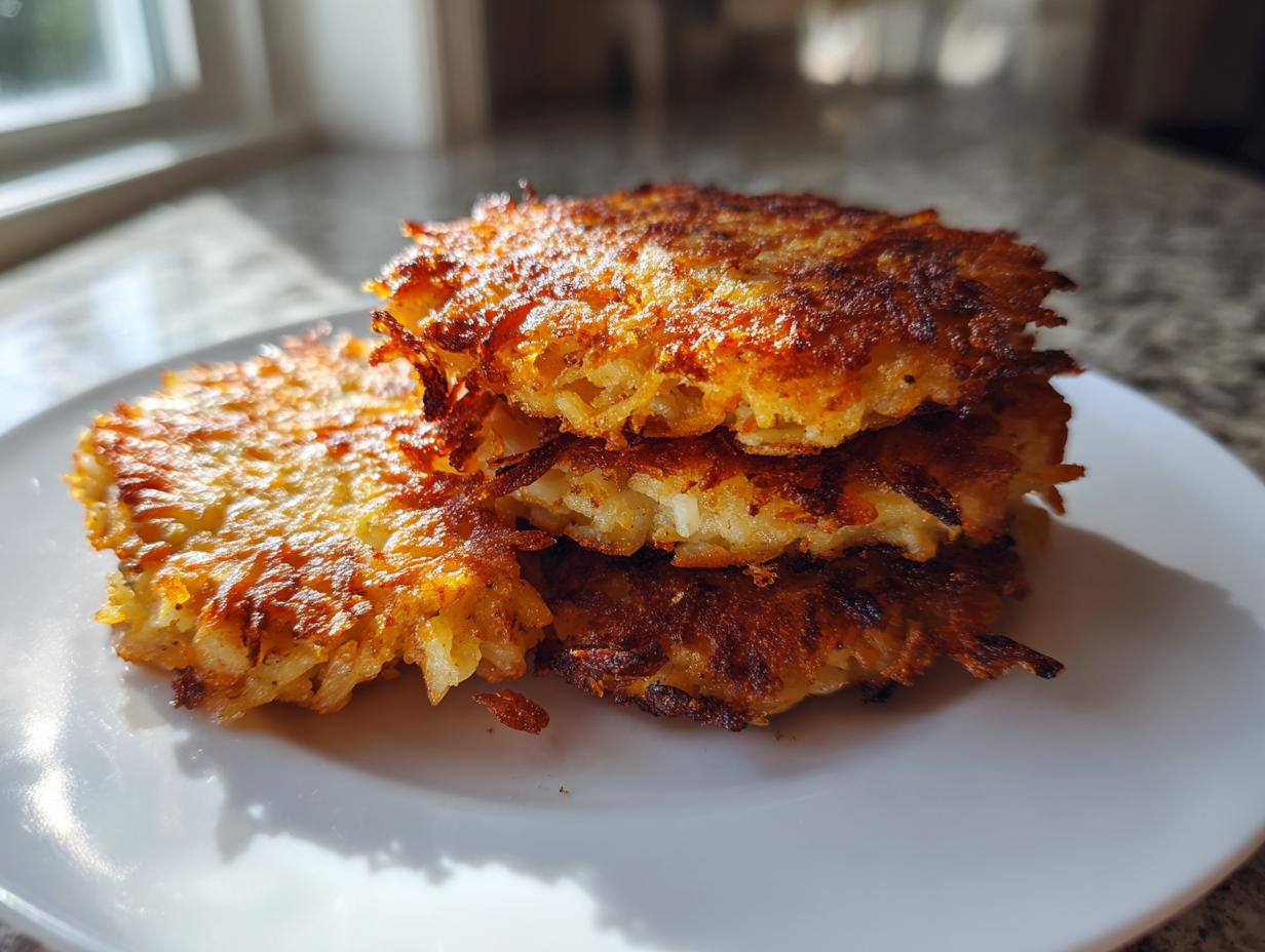 Three golden brown, crispy Potato latkes stacked on a white plate, showing shredded potato texture.