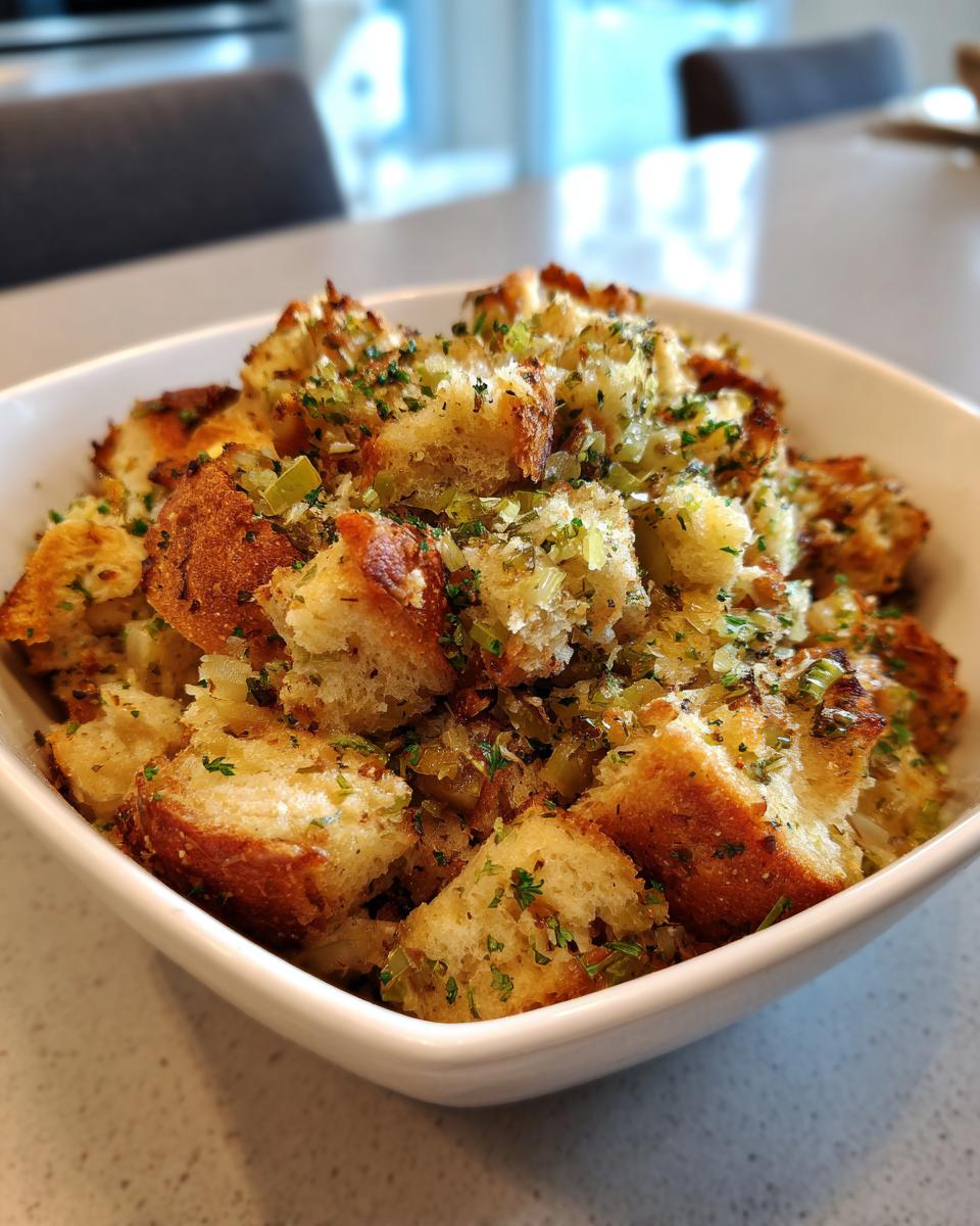 Close-up of fluffy bread cubes in a white bowl, showing moist crock pot stuffing seasoned with celery and parsley.
