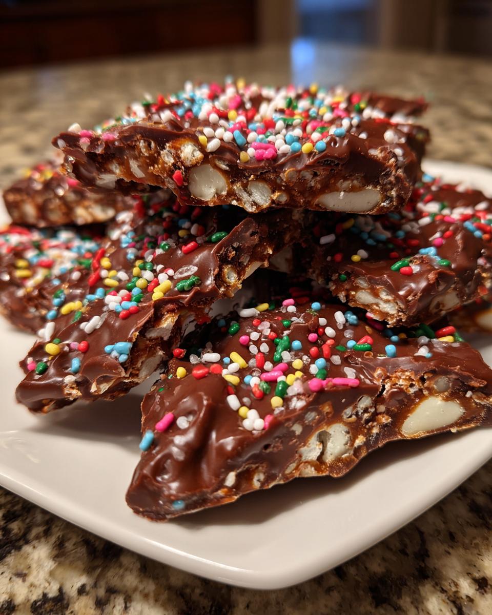 Close-up of broken pieces of rich, chocolatey crockpot christmas crack topped with festive rainbow sprinkles.