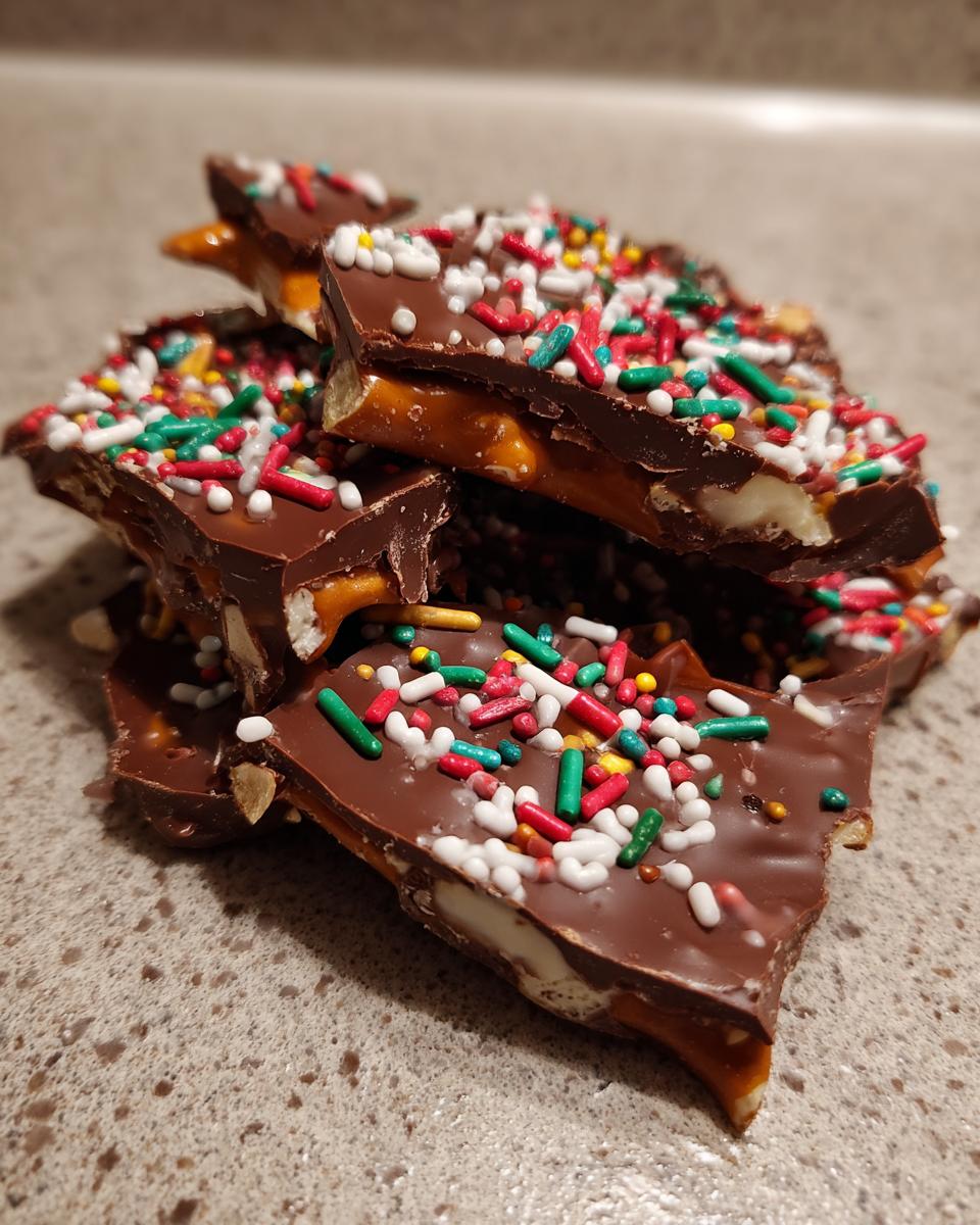 A stack of broken pieces of crockpot christmas crack topped with chocolate and colorful holiday sprinkles.