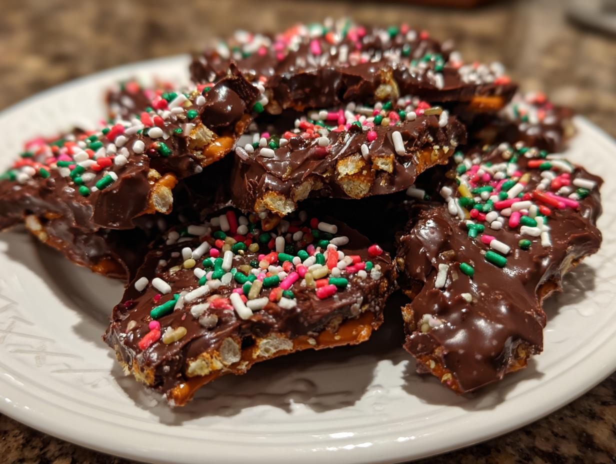Close-up of broken pieces of Crockpot Christmas Crack, covered in melted chocolate and festive holiday sprinkles.