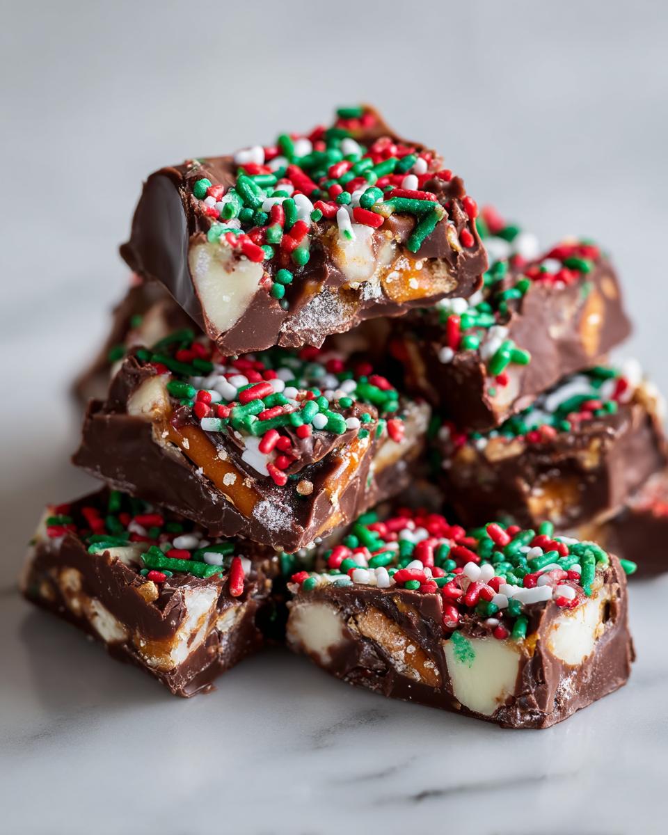 A stack of rich chocolate squares, our crockpot christmas crack, topped with red, green, and white holiday sprinkles.