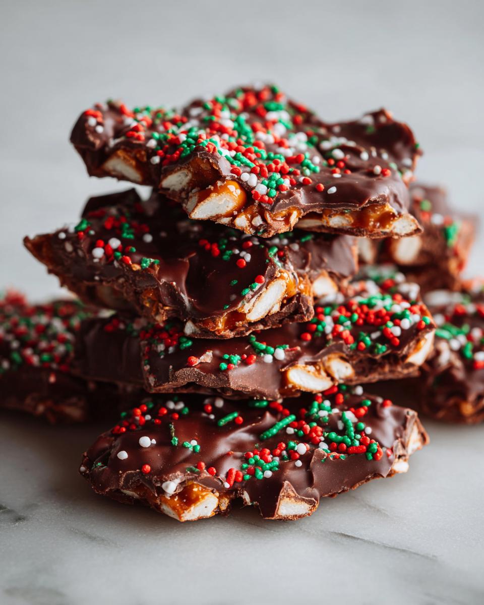 A stack of broken pieces of Crockpot Christmas Crack topped with chocolate and festive red, green, and white sprinkles.