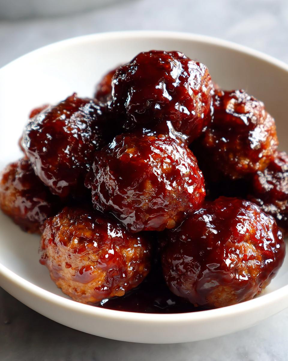 Close-up of several Crockpot grape jelly meatballs coated in a thick, glossy, dark red sauce in a white bowl.