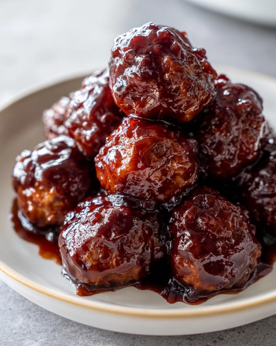 A close-up of several Crockpot grape jelly meatballs piled on a white plate, coated in a thick, dark, glossy sauce.