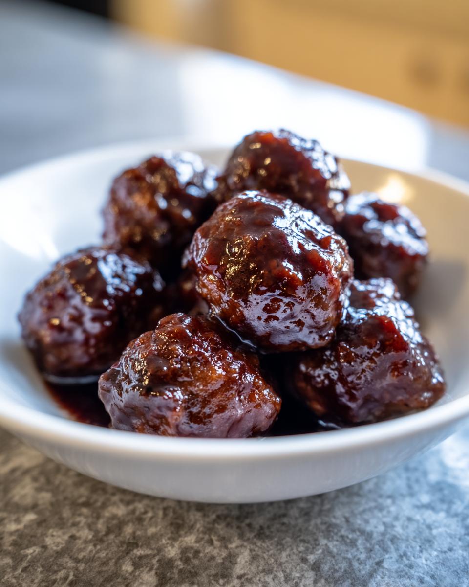 Close-up of several glossy Crockpot grape jelly meatballs coated in a dark, rich sauce, served in a small white bowl.