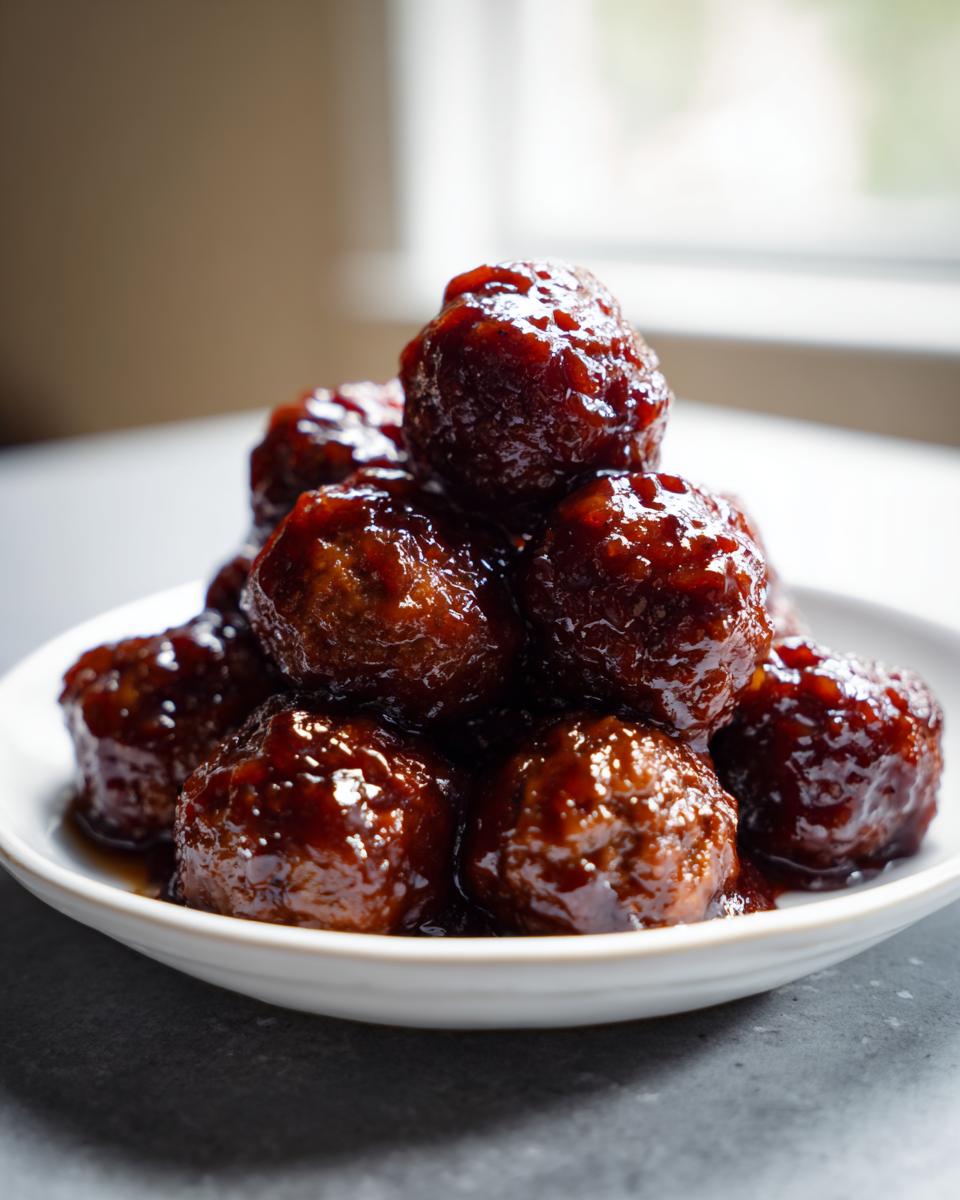 A close-up of several glossy Crockpot grape jelly meatballs piled high on a small white dish.