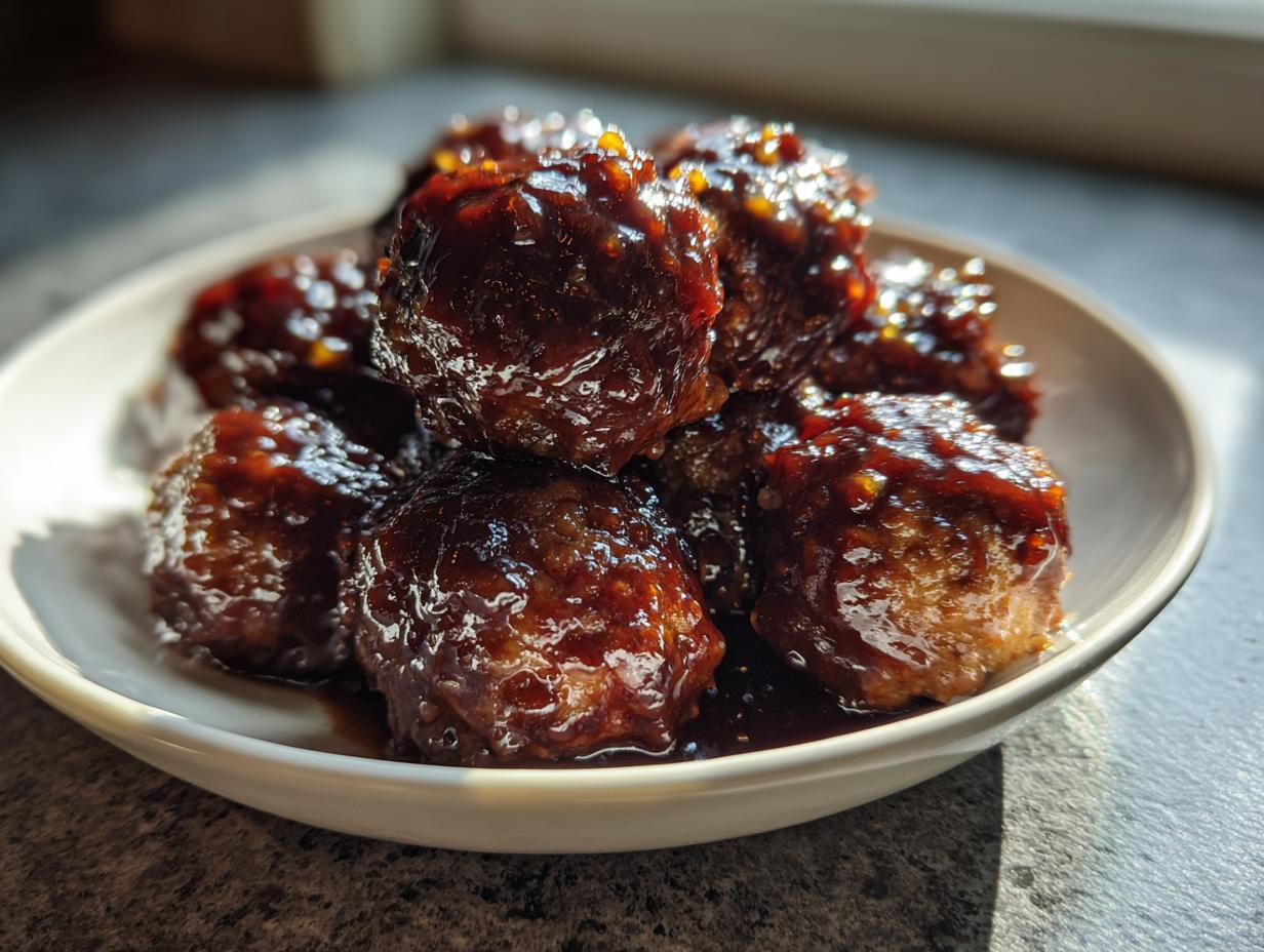 A small bowl filled with glistening Crockpot grape jelly meatballs covered in a rich, dark glaze.