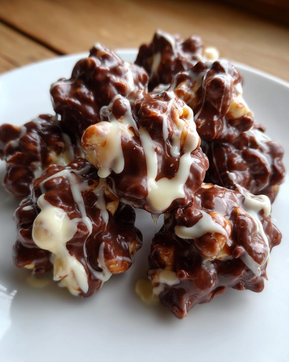 A pile of rich, dark chocolate coated crockpot peanut clusters drizzled with white chocolate on a white plate.