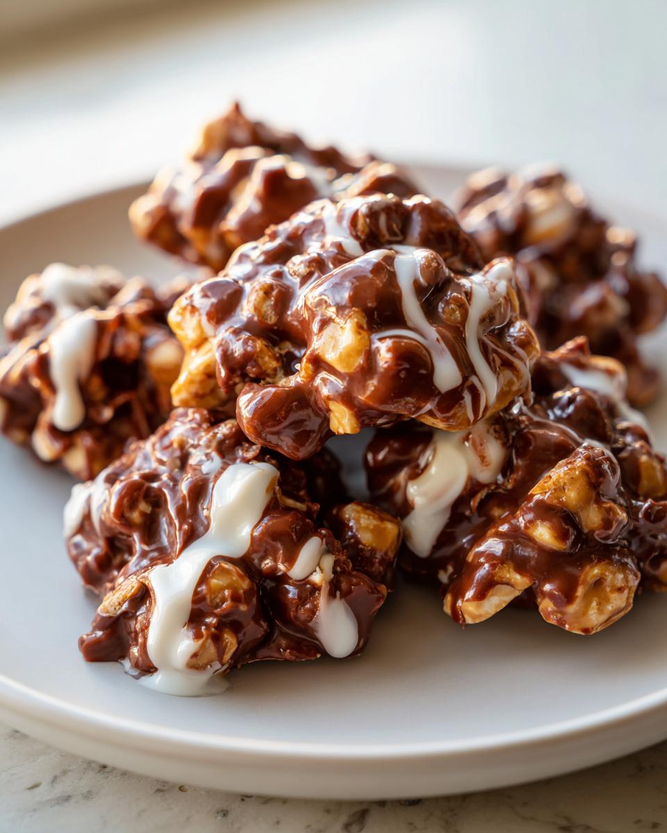 A pile of rich crockpot peanut clusters coated in dark chocolate and drizzled with white chocolate.