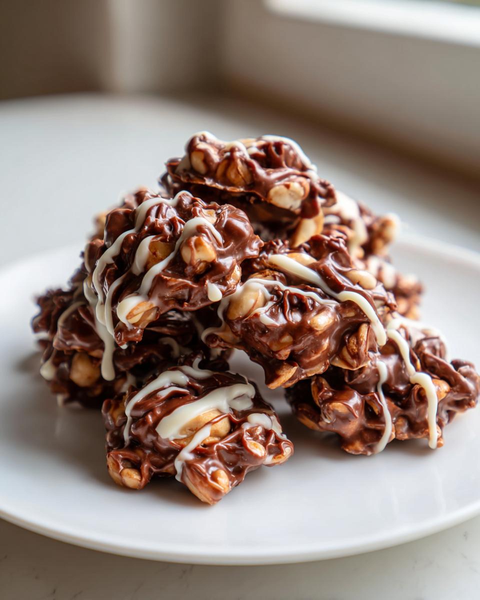 A pile of rich, chocolatey crockpot peanut clusters drizzled with white chocolate on a white plate.