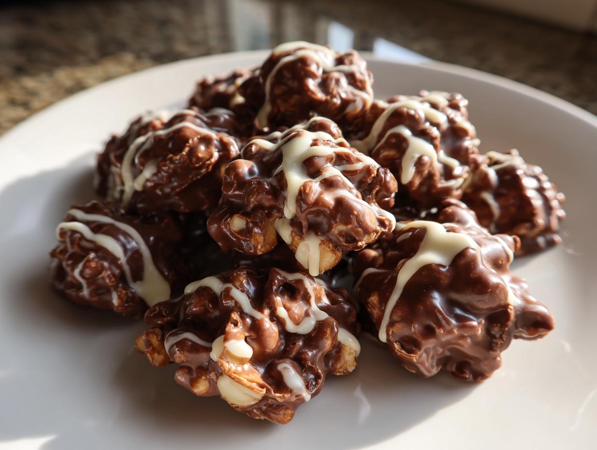 A pile of rich, chocolate-covered crockpot peanut clusters drizzled with white chocolate on a white plate.