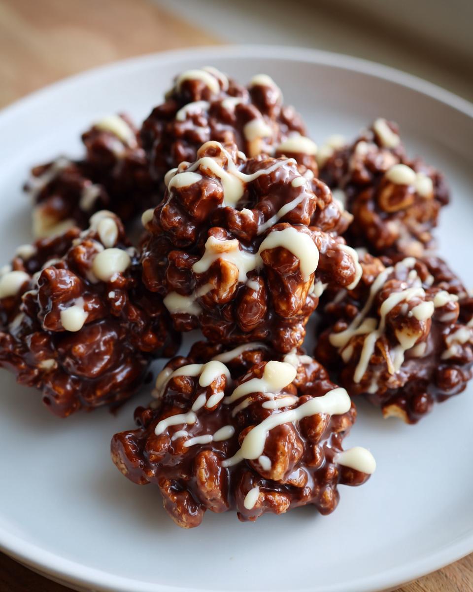 A plate of rich, chocolatey crockpot peanut clusters drizzled with white chocolate.