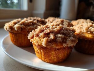 Four freshly baked sweet potato muffins with a thick, sugary cinnamon streusel topping, sitting on a white plate.