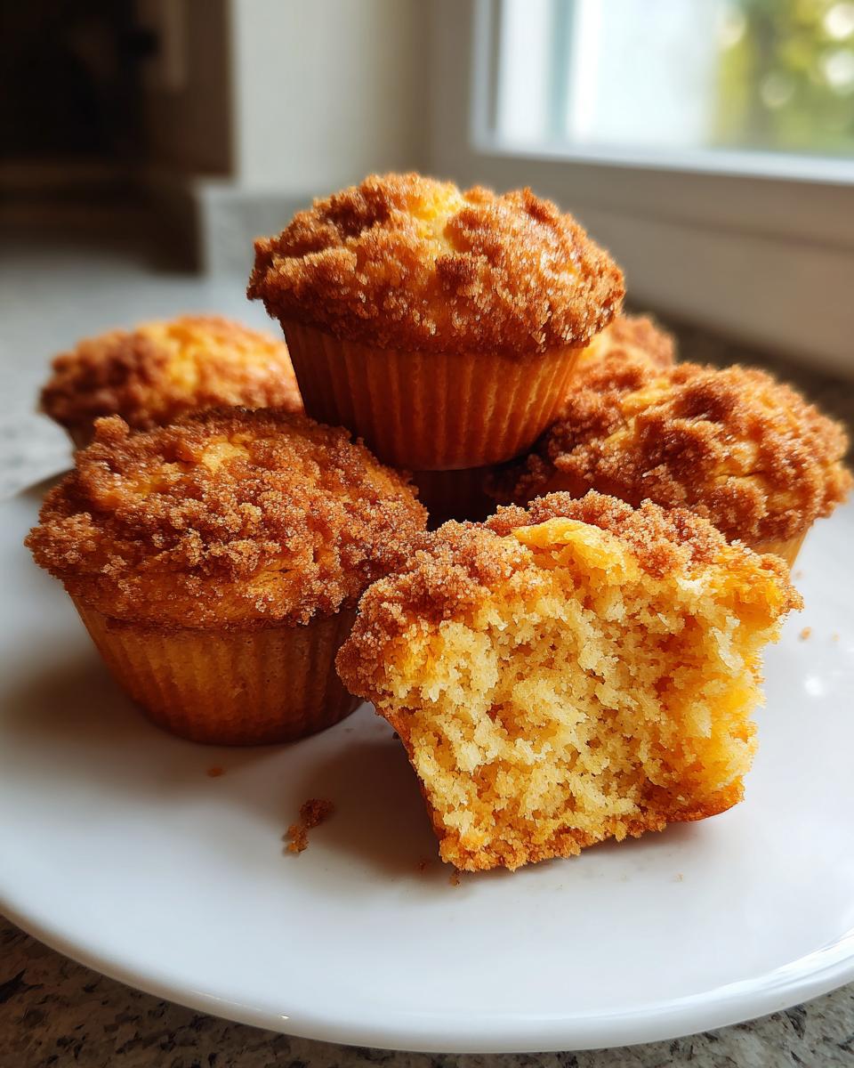 A stack of delicious sweet potato muffins with a thick, sugary crumb topping, one muffin is broken open.