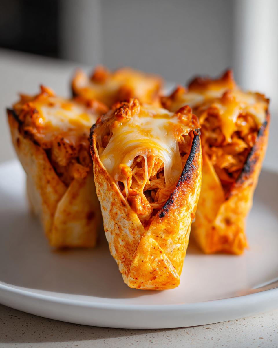 Four baked, cup-shaped chicken tacos filled with shredded chicken and topped with melted white cheese.