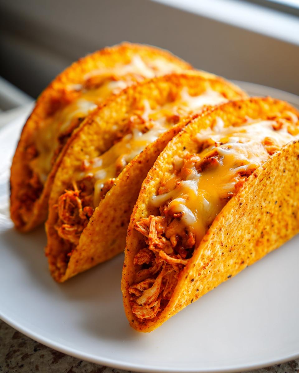 Four crispy, crunchy chicken tacos filled with shredded seasoned chicken and topped with melted cheese.