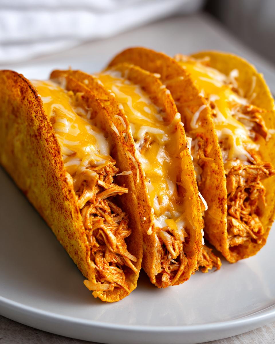 Four crunchy, seasoned taco shells filled with shredded chicken and topped with melted cheddar cheese, ready to eat.