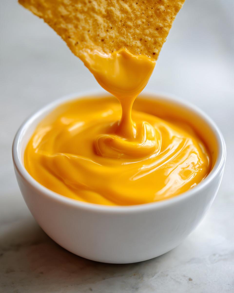 A tortilla chip is dipped into a small white bowl filled with thick, bright orange nacho cheese sauce.