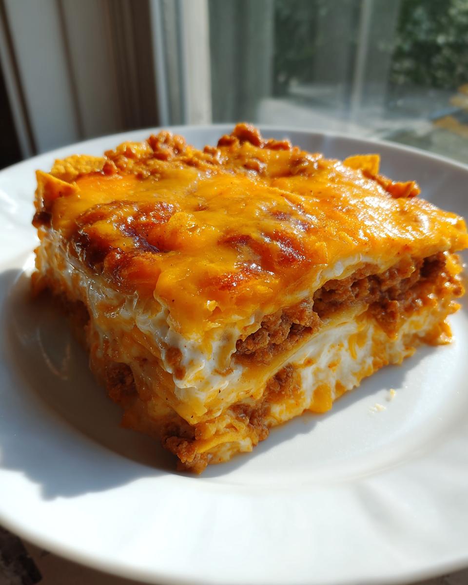 A close-up, layered slice of Amazing Dorito Casserole topped with melted orange cheese.
