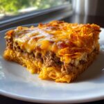 A square serving of Dorito Casserole featuring layers of seasoned beef, cheese, and a crunchy topping.