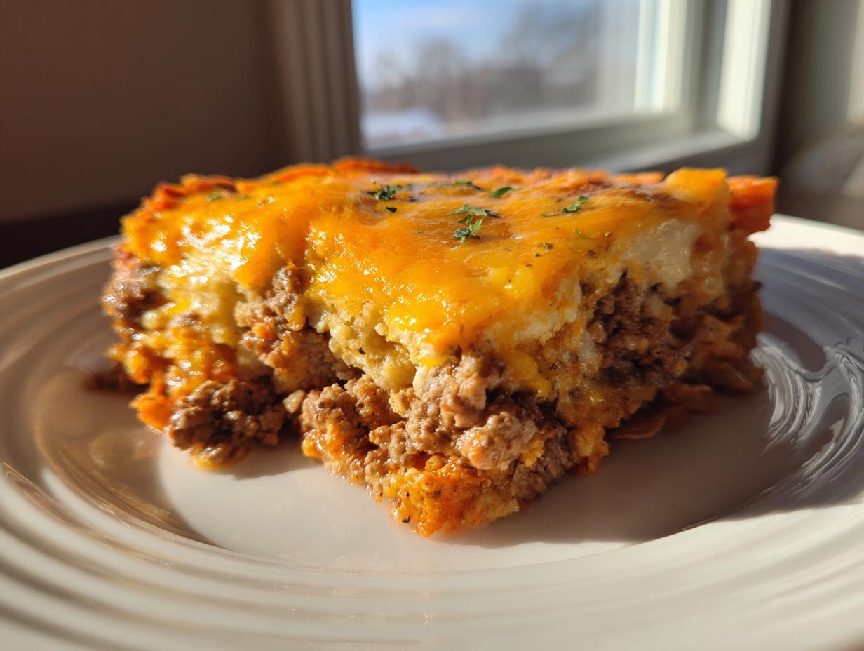 A close-up slice of Dorito Casserole featuring layers of seasoned ground beef and a thick, melted cheddar cheese topping.