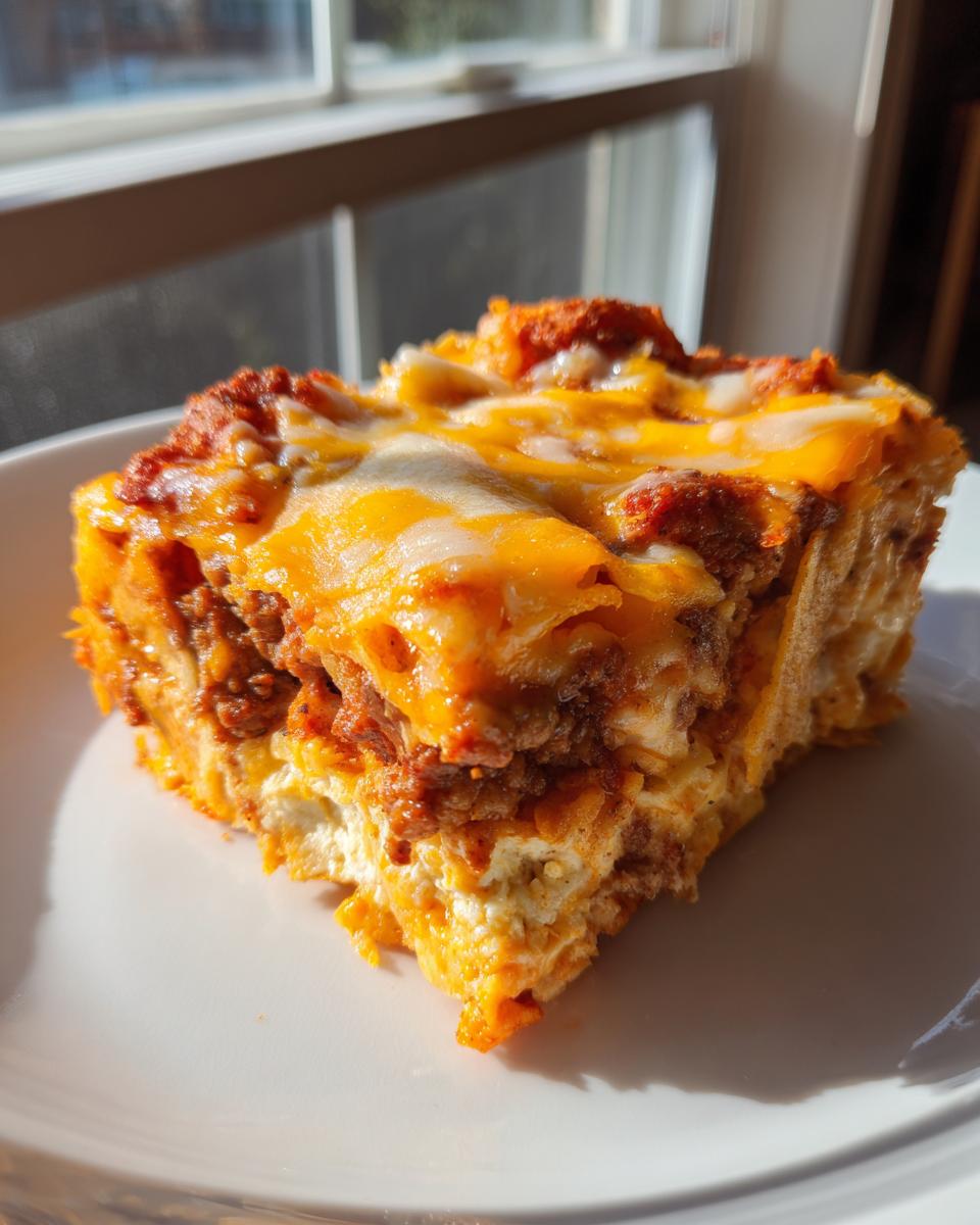 A close-up of a square slice of Dorito Casserole featuring layers of meat, cheese, and a creamy base, served on a white plate.