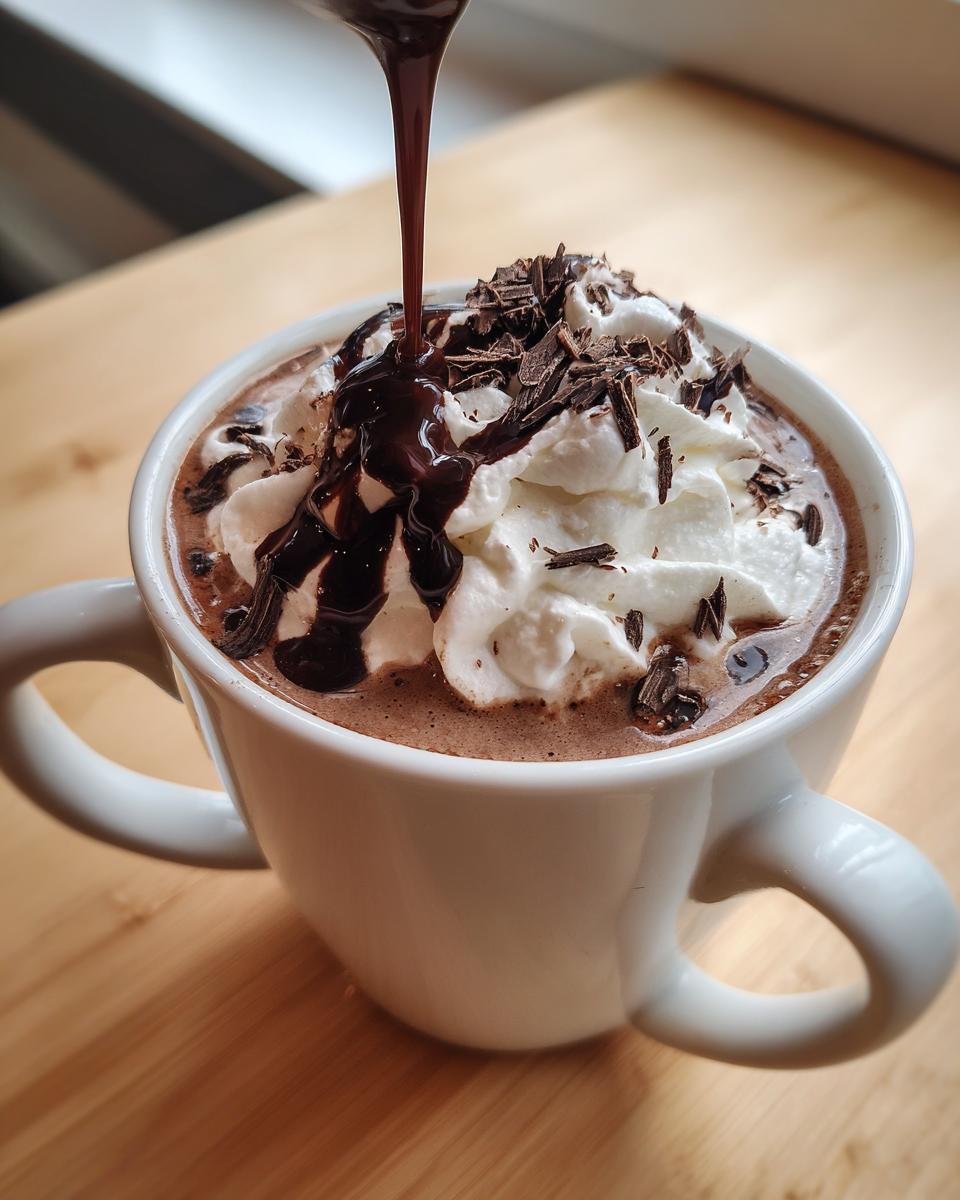 A white mug filled with boozy hot chocolate, topped with whipped cream, chocolate shavings, and drizzled with chocolate syrup.