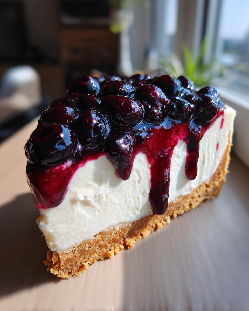 A perfect slice of creamy blueberry cheesecake with a thick graham cracker crust and dark blueberry topping dripping down the side.