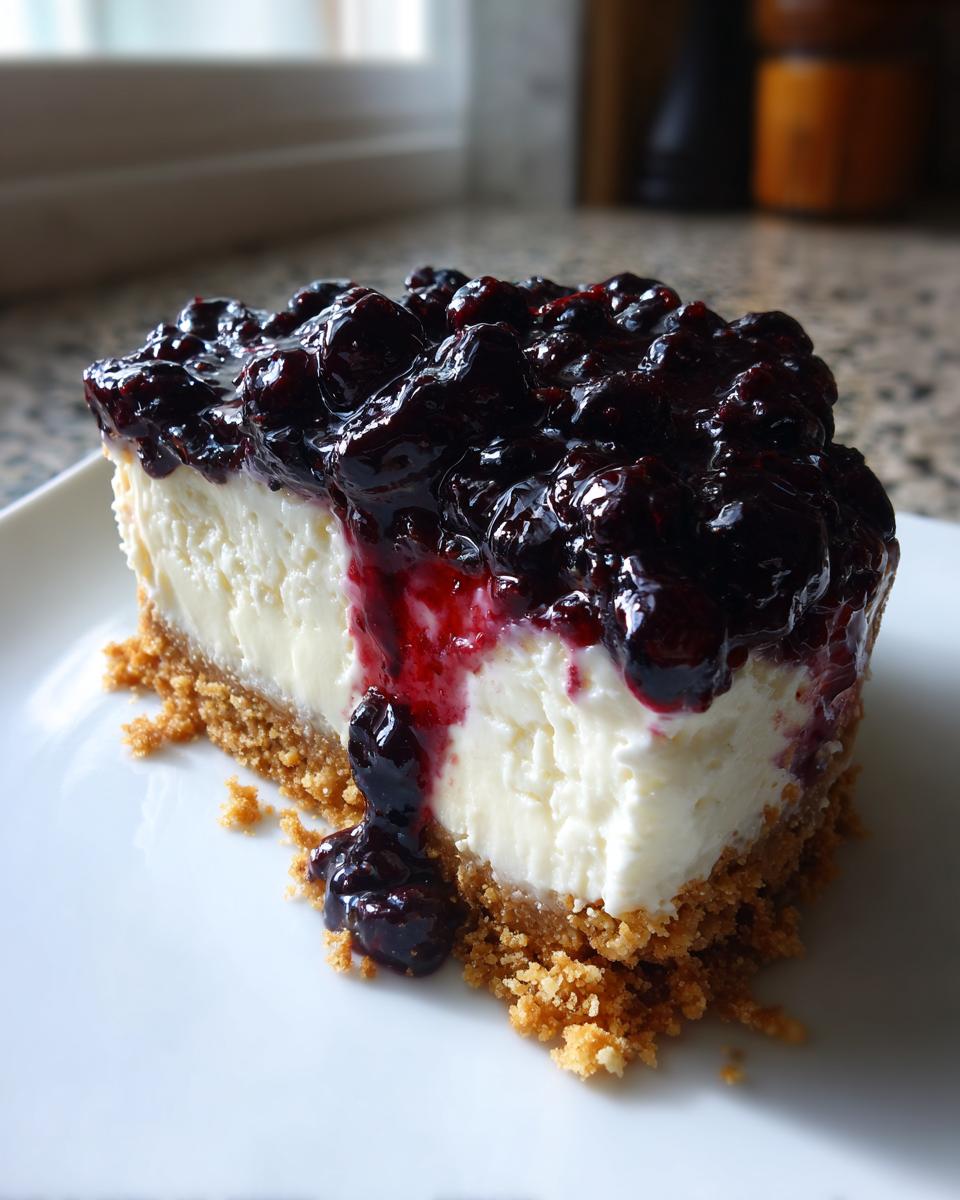 A thick slice of creamy blueberry cheesecake with a graham cracker crust and rich blueberry topping.