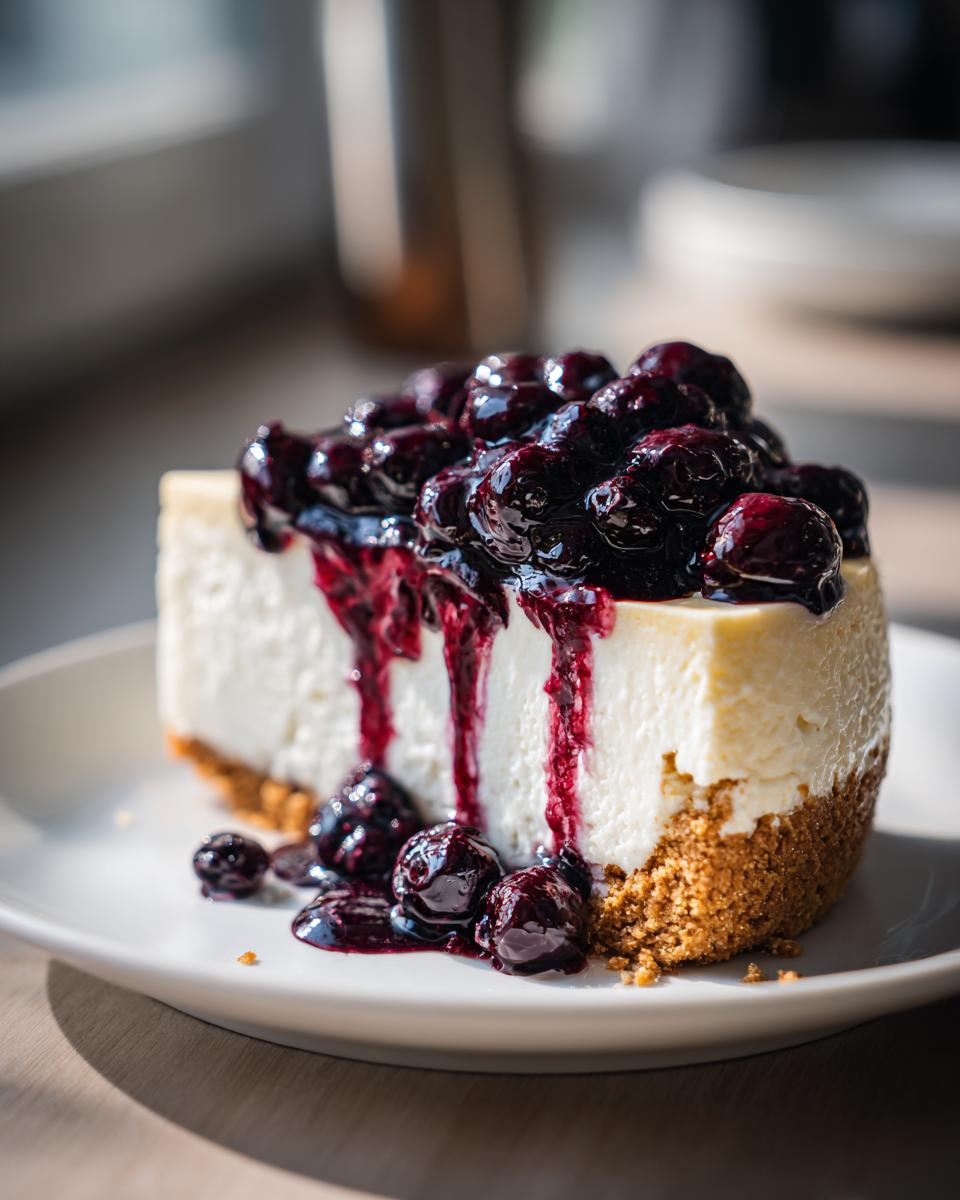 A decadent slice of creamy blueberry cheesecake topped with rich blueberry compote.