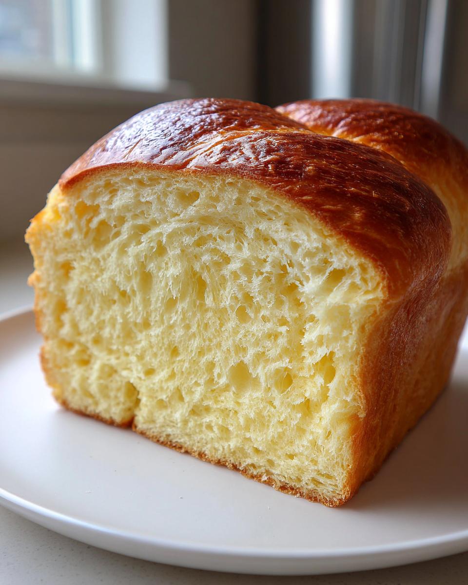 A close-up of a freshly baked, rich yellow brioche bread loaf cut in half, showing its soft, airy crumb.