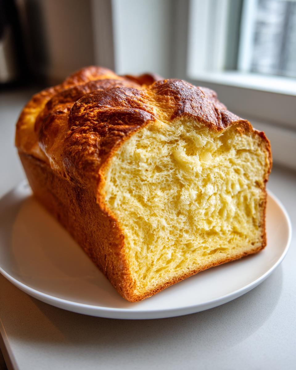 A close-up view of a freshly baked loaf of brioche bread, sliced to show its rich yellow, fluffy interior.