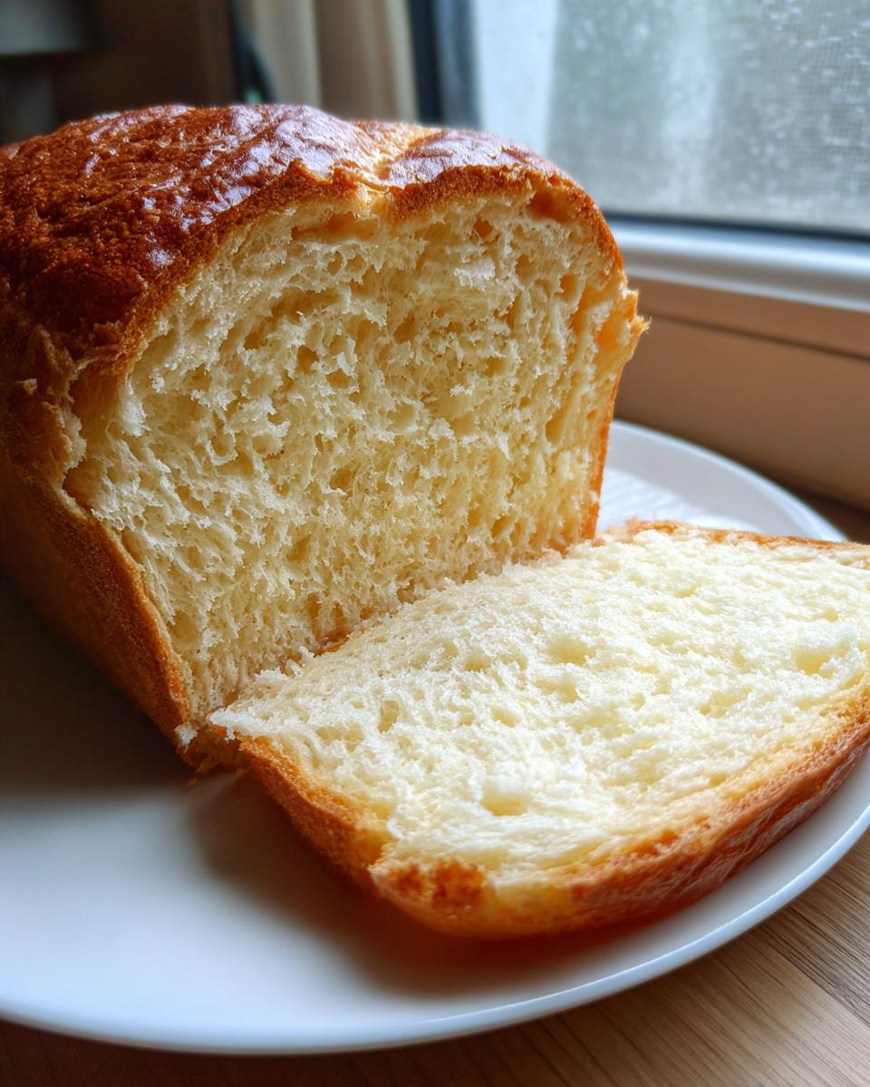 A loaf of freshly baked brioche bread sliced open, showing the soft, yellow crumb texture.